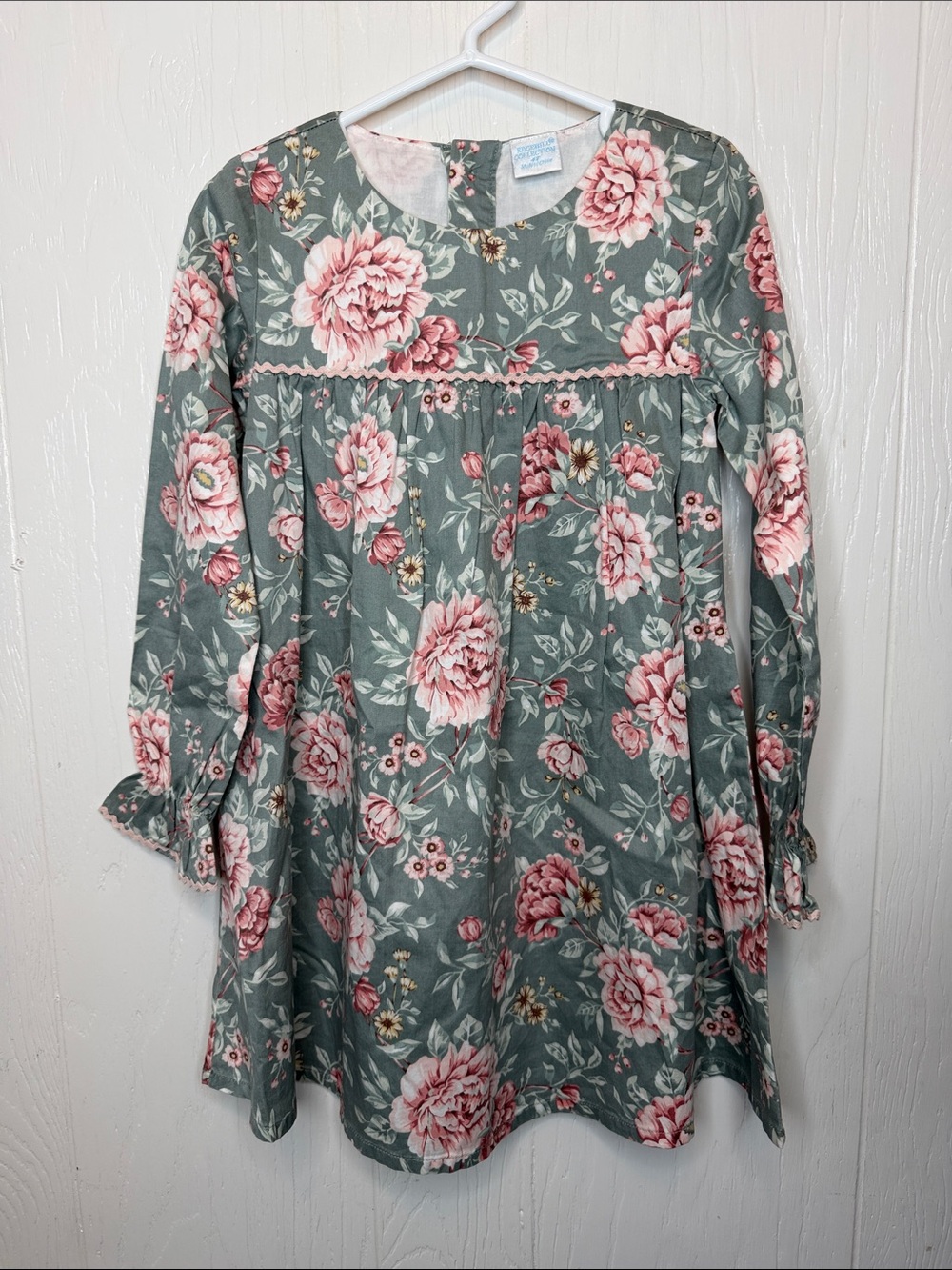 Edgehill Collection Sage Floral Long-Sleeve Dress with Pink Roses 4T